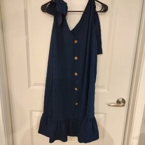 Navy Blue Button-Down Dress with Bow Detail